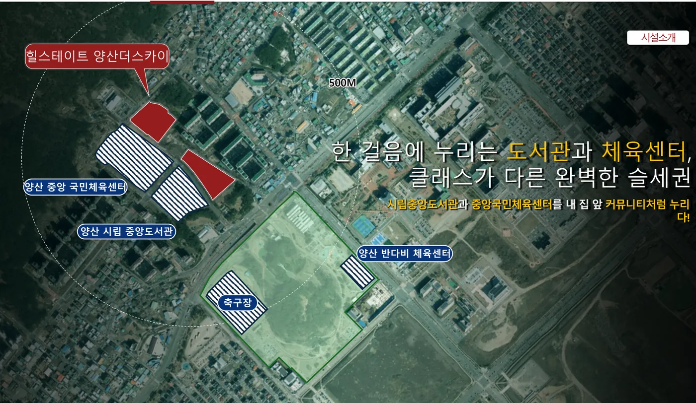 힐스테이트 양산더스카이 앞 양산시립중앙도서관과 양산중앙국민체육센터, 양산반다비체육센터 위치